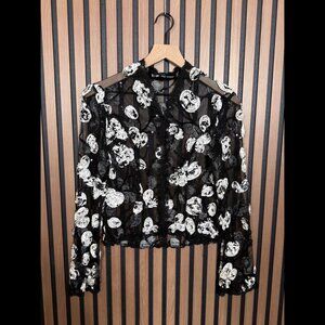 JS Boutique Top 4 Petite Womens Black Lace Long Sleeve Rose Sheer Sequin Puffed